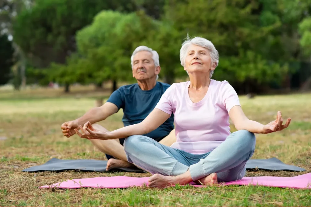 Geistige Fitness durch Yoga: Übungen für Körper und Gehirn; Älteres Paar meditiert im Freien auf Yogamatten, sie in rosa Shirt und er in marineblau, vor grüner Parkkulisse