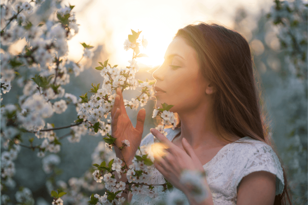 Frau in weißem Spitzenkleid riecht an blühenden Obstbaumzweigen bei Sonnenuntergang, symbolisiert heilende Wirkung von Düften