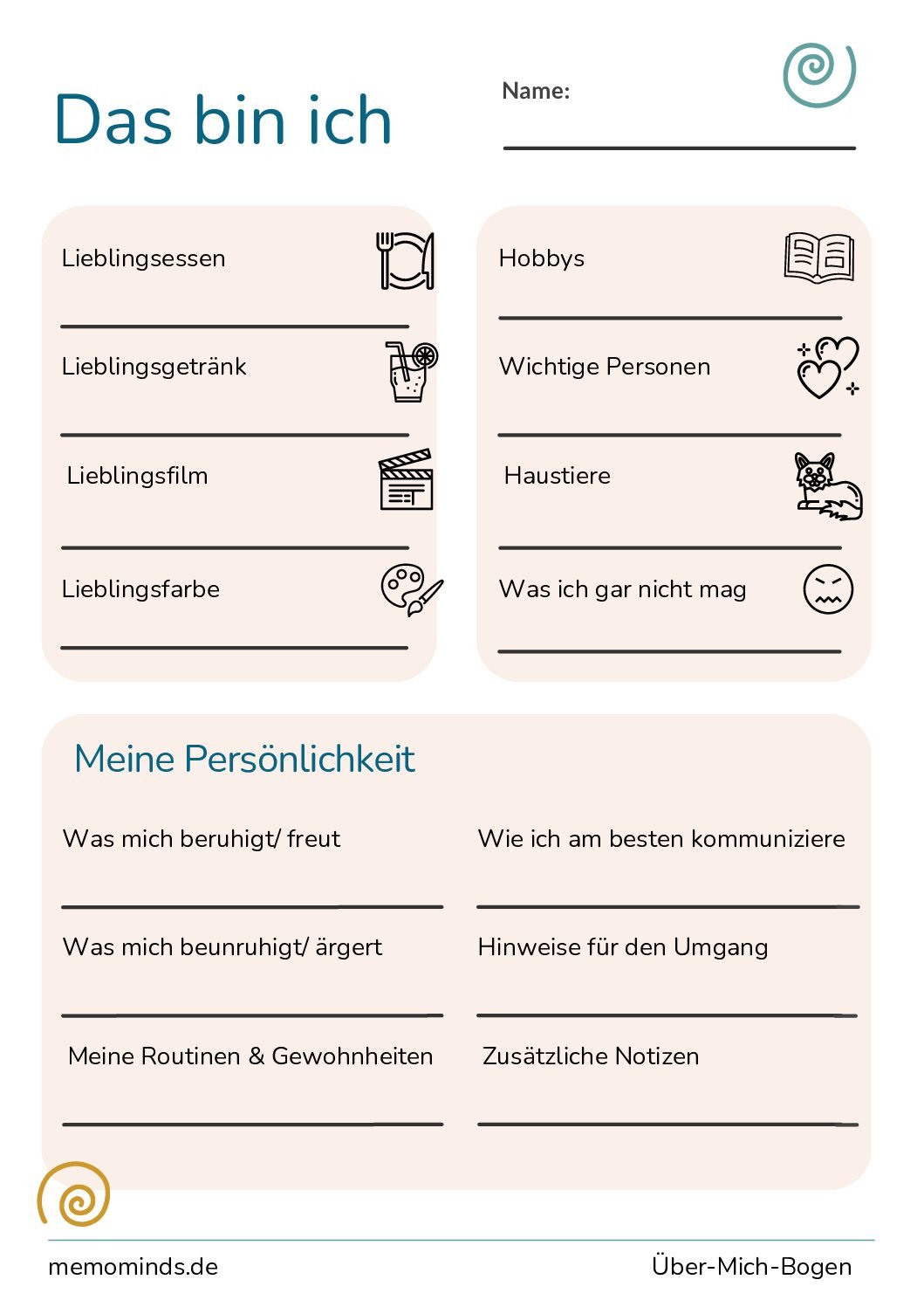 Persönlicher Steckbrief zum Ausfüllen, um Vorlieben, Hobbys und wichtige Informationen über eine Person festzuhalten und den Umgang individueller zu gestalten.