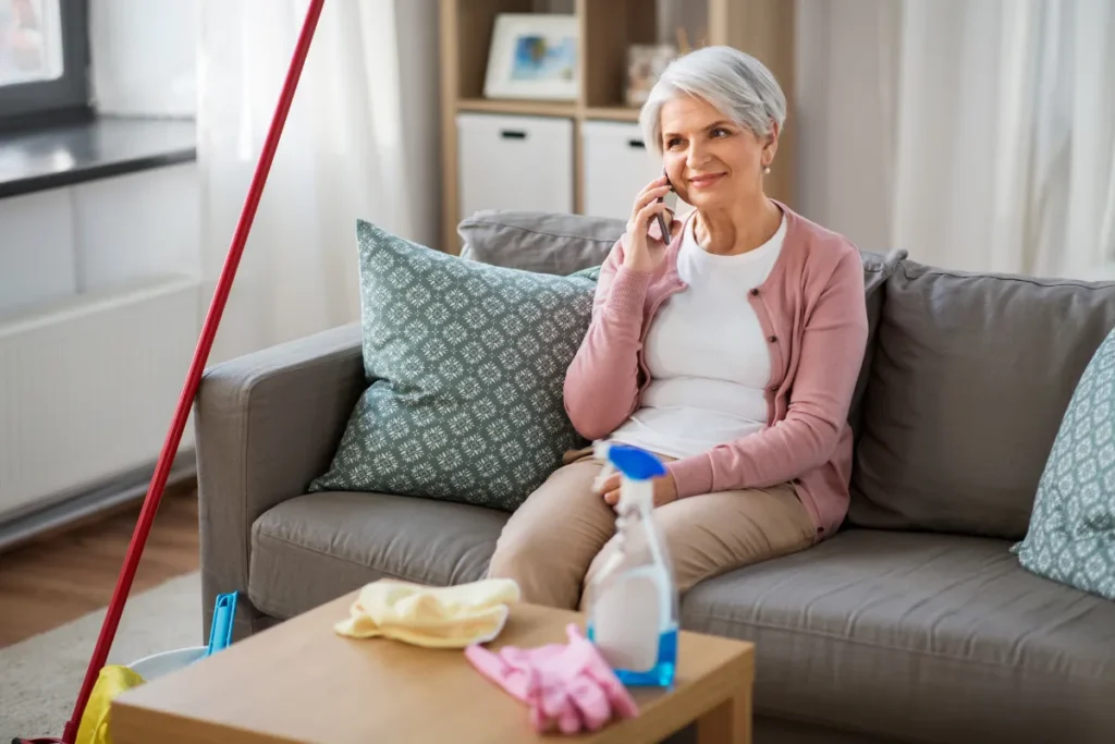 Seniorin mit grauen Haaren sitzt im Wohnzimmer auf dem Sofa und telefoniert, auf dem Tisch liegen Putzutensilien und Handschuhe, im Hintergrund ein Eimer und ein Besen