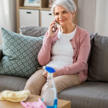 Unabhängig leben mit Demenz. Seniorin mit grauen Haaren sitzt im Wohnzimmer auf dem Sofa und telefoniert, auf dem Tisch liegen Putzutensilien und Handschuhe, im Hintergrund ein Eimer und ein Besen