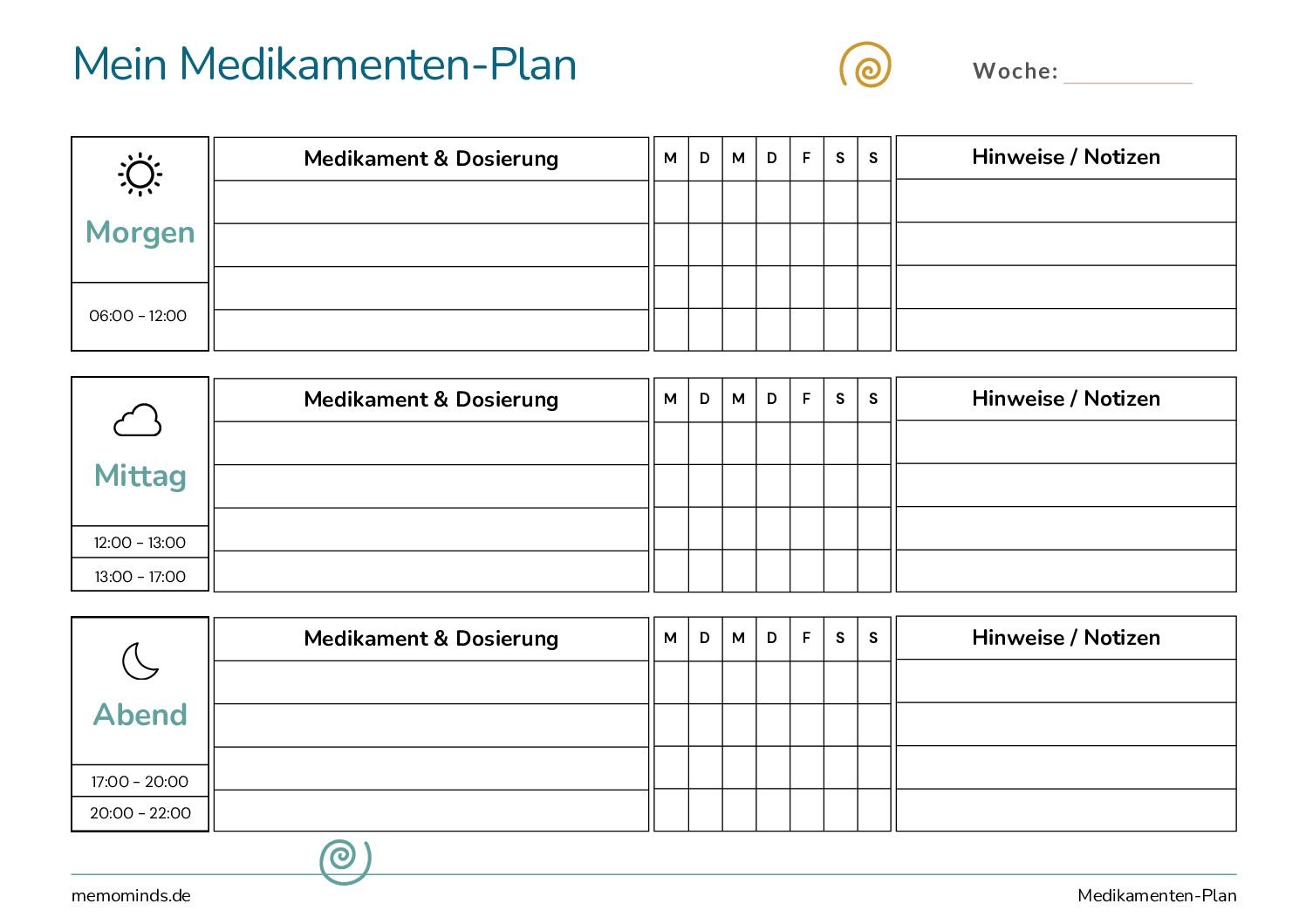Strukturierte Vorlage, die dabei hilft, die Medikamenteneinnahme zuverlässig zu planen und so Gesundheit und Sicherheit im Alltag unterstützt.
