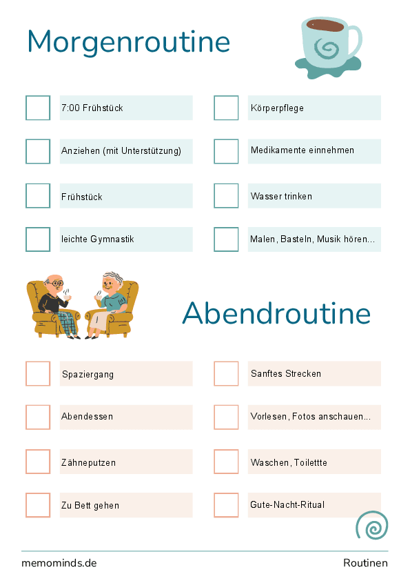 Übersichtlicher Plan für strukturierte Morgen- und Abendroutinen, der hilft, Sicherheit und Wohlbefinden durch feste Abläufe zu fördern.