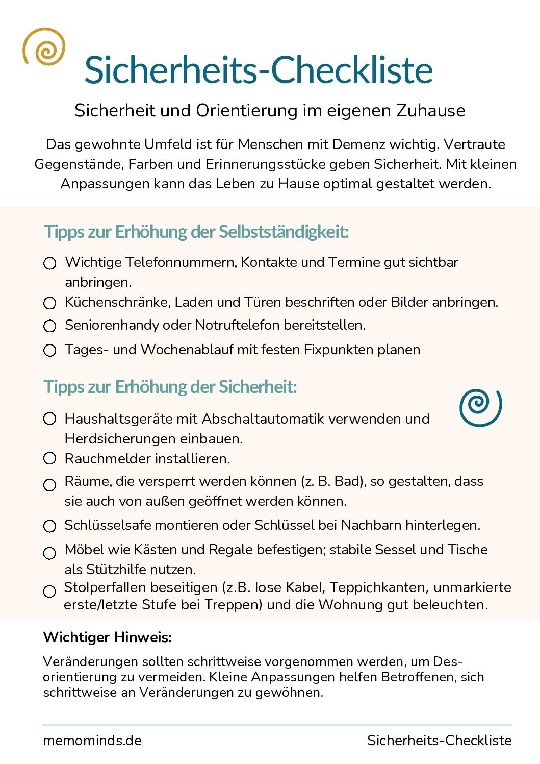 Übersicht mit praktischen Tipps, wie das Zuhause für Menschen mit Demenz sicherer gestaltet werden kann, um Selbstständigkeit und Wohlbefinden zu fördern.