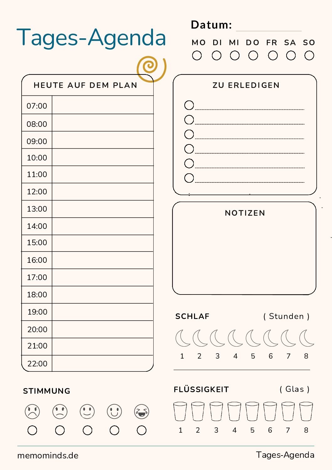 Tagesplaner, der zu einem geregelten, ausgeglichenen Alltag beiträgt und die Erfolge sowie das Wohlbefinden im Blick behält.